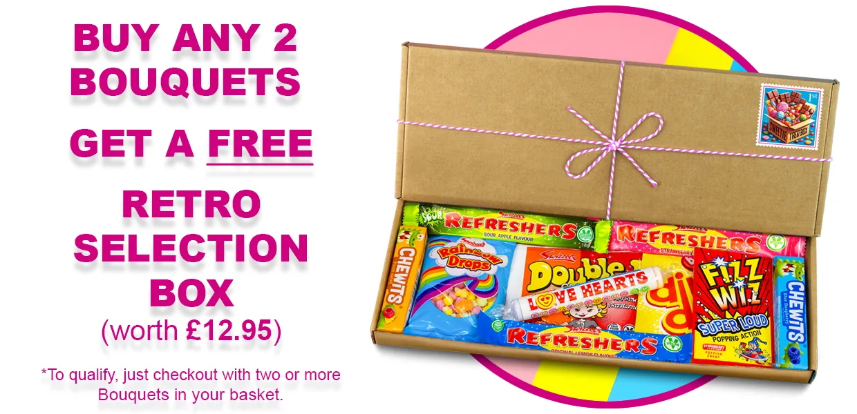 Buy Any 2 Sweet & Chocolate Bouquets, Get A Free Sweetie Treatbox Retro Sweets Hamper (worth £12)